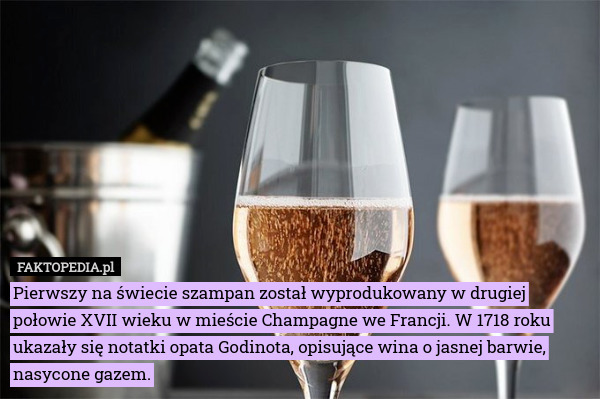 Pierwszy na świecie szampan został wyprodukowany w drugiej połowie XVII wieku w mieście Champagne we Francji. W 1718 roku ukazały się notatki opata Godinota, opisujące wina o jasnej barwie, nasycone gazem. 