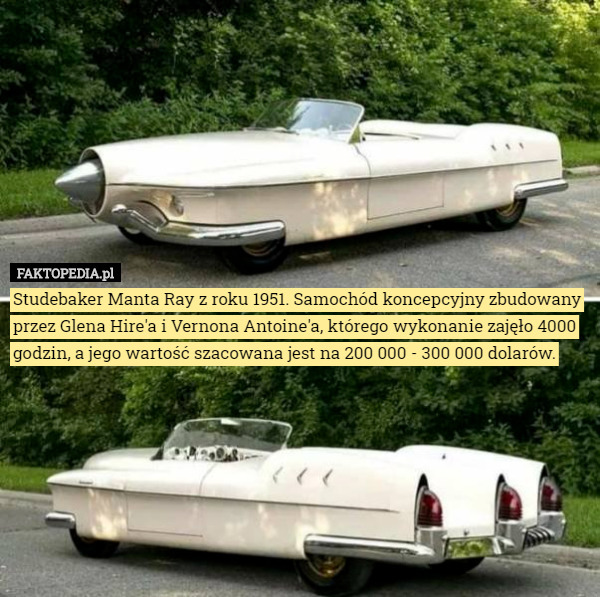 Studebaker Manta Ray z roku 1951. Samochód koncepcyjny zbudowany przez Glena Hire'a i Vernona Antoine'a, którego wykonanie zajęło 4000 godzin, a jego wartość szacowana jest na 200 000 - 300 000 dolarów. 