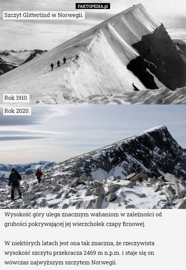 Szczyt Glittertind w Norwegii. Rok 1910. Rok 2020. Wysokość góry ulega znacznym wahaniom w zależności od grubości pokrywającej jej wierzchołek czapy firnowej.

W niektórych latach jest ona tak znaczna, że rzeczywista wysokość szczytu przekracza 2469 m n.p.m. i staje się on wówczas najwyższym szczytem Norwegii. 