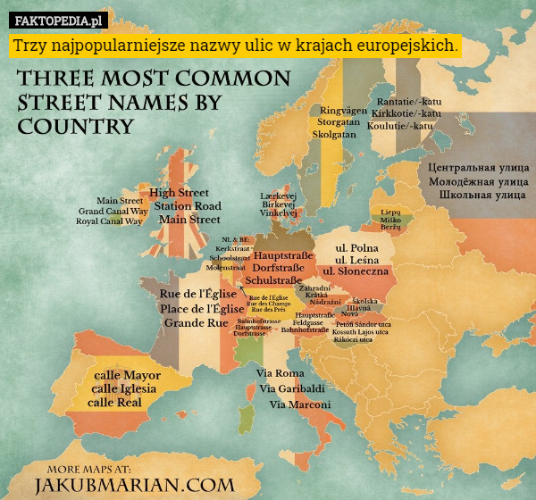 Trzy najpopularniejsze nazwy ulic w krajach europejskich. 