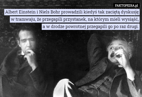Albert Einstein i Niels Bohr prowadzili kiedyś tak zaciętą dyskusję w tramwaju, że przegapili przystanek, na którym mieli wysiąść,
 a w drodze powrotnej przegapili go po raz drugi. 