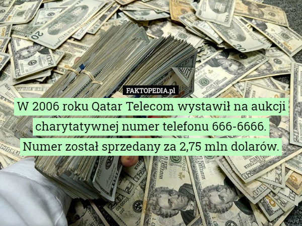 W 2006 roku Qatar Telecom wystawił na aukcji charytatywnej numer telefonu 666-6666.
Numer został sprzedany za 2,75 mln dolarów. 
