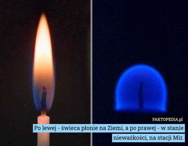 Po lewej - świeca płonie na Ziemi, a po prawej - w stanie nieważkości, na stacji Mir. 