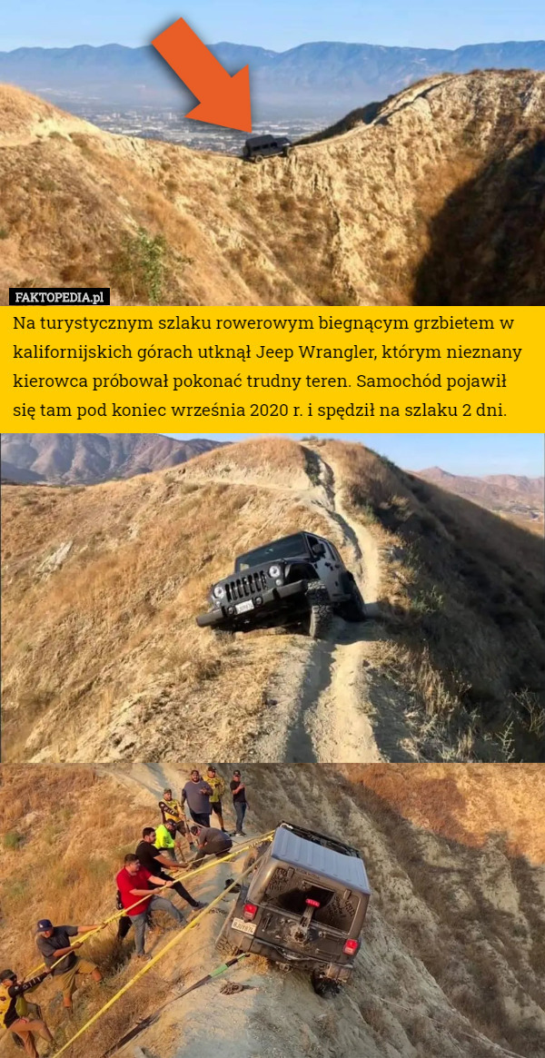 Na turystycznym szlaku rowerowym biegnącym grzbietem w kalifornijskich górach utknął Jeep Wrangler, którym nieznany kierowca próbował pokonać trudny teren. Samochód pojawił się tam pod koniec września 2020 r. i spędził na szlaku 2 dni. 