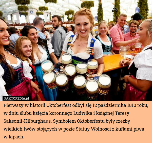 Pierwszy w historii Oktoberfest odbył się 12 października 1810 roku, w dniu ślubu księcia koronnego Ludwika i księżnej Teresy Saksonii-Hilburghaus. Symbolem Oktoberfestu były rzeźby wielkich lwów stojących w pozie Statuy Wolności z kuflami piwa w łapach. 