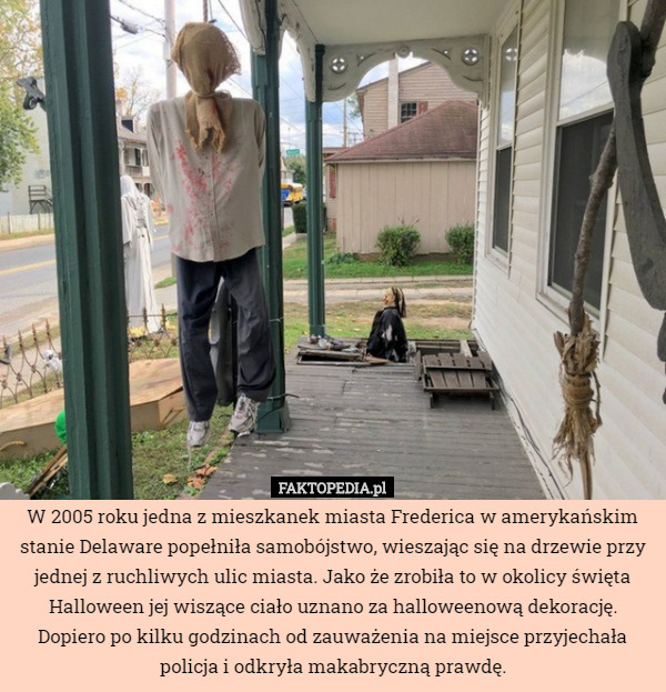 W 2005 roku jedna z mieszkanek miasta Frederica w amerykańskim stanie Delaware popełniła samobójstwo, wieszając się na drzewie przy jednej z ruchliwych ulic miasta. Jako że zrobiła to w okolicy święta Halloween jej wiszące ciało uznano za halloweenową dekorację. Dopiero po kilku godzinach od zauważenia na miejsce przyjechała policja i odkryła makabryczną prawdę. 