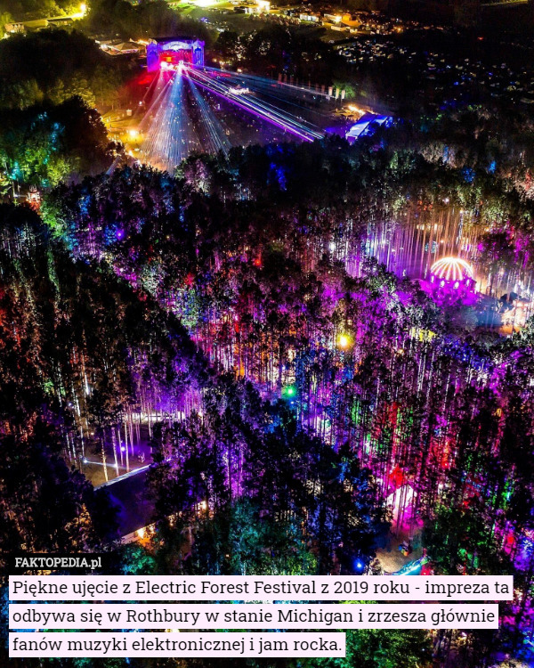 Piękne ujęcie z Electric Forest Festival z 2019 roku - impreza ta odbywa się w Rothbury w stanie Michigan i zrzesza głównie fanów muzyki elektronicznej i jam rocka. 