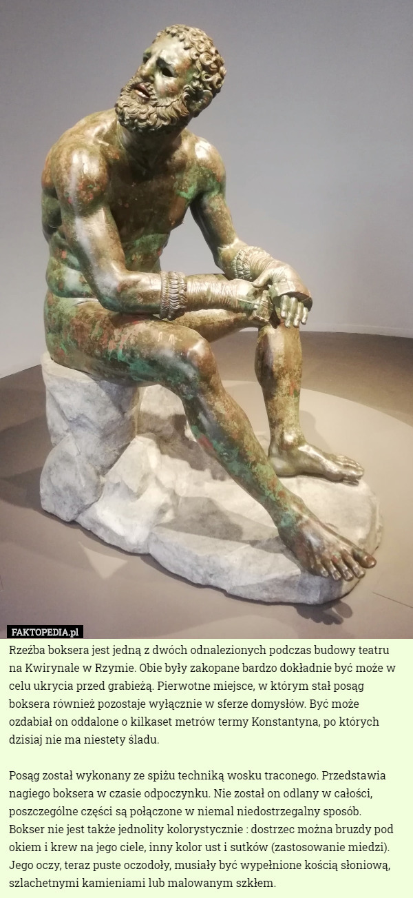 Rzeźba boksera jest jedną z dwóch odnalezionych podczas budowy teatru na Kwirynale w Rzymie. Obie były zakopane bardzo dokładnie być może w celu ukrycia przed grabieżą. Pierwotne miejsce, w którym stał posąg boksera również pozostaje wyłącznie w sferze domysłów. Być może ozdabiał on oddalone o kilkaset metrów termy Konstantyna, po których dzisiaj nie ma niestety śladu.

 Posąg został wykonany ze spiżu techniką wosku traconego. Przedstawia nagiego boksera w czasie odpoczynku. Nie został on odlany w całości, poszczególne części są połączone w niemal niedostrzegalny sposób.
 Bokser nie jest także jednolity kolorystycznie : dostrzec można bruzdy pod okiem i krew na jego ciele, inny kolor ust i sutków (zastosowanie miedzi). Jego oczy, teraz puste oczodoły, musiały być wypełnione kością słoniową, szlachetnymi kamieniami lub malowanym szkłem. 