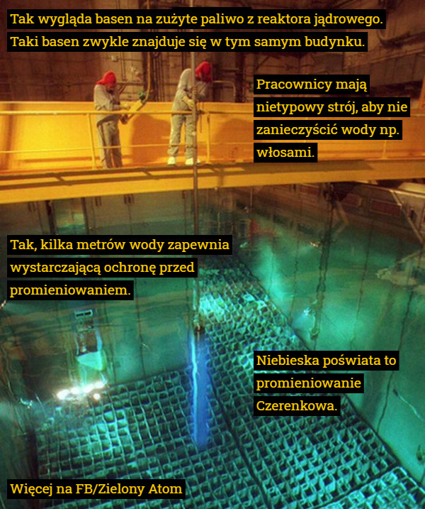 Tak wygląda basen na zużyte paliwo z reaktora jądrowego.
 Taki basen zwykle znajduje się w tym samym budynku. Tak, kilka metrów wody zapewnia wystarczającą ochronę przed promieniowaniem. Pracownicy mają nietypowy strój, aby nie zanieczyścić wody np. włosami. Niebieska poświata to promieniowanie Czerenkowa. Więcej na FB/Zielony Atom 
