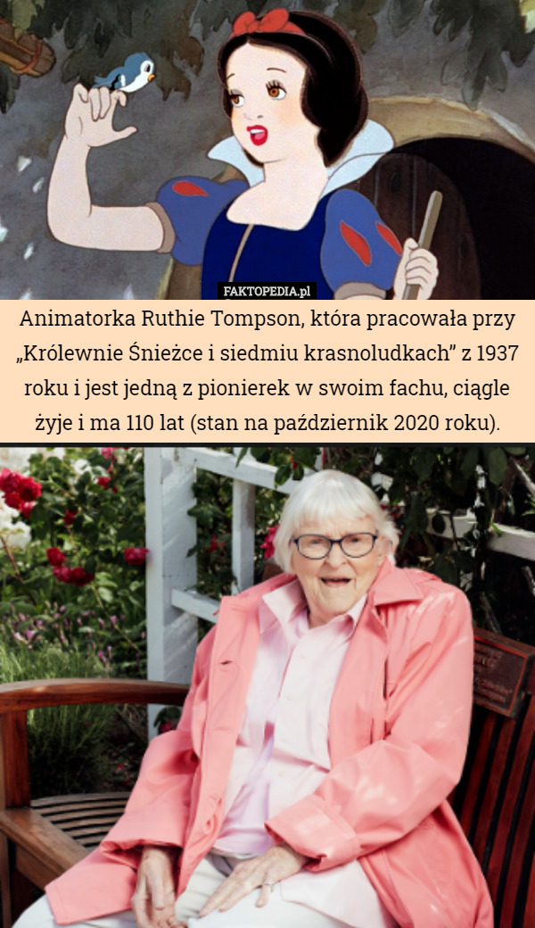 Animatorka Ruthie Tompson, która pracowała przy „Królewnie Śnieżce i siedmiu krasnoludkach” z 1937 roku i jest jedną z pionierek w swoim fachu, ciągle żyje i ma 110 lat (stan na październik 2020 roku). 