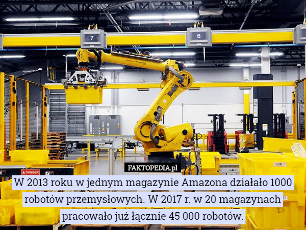 W 2013 roku w jednym magazynie Amazona działało 1000 robotów przemysłowych. W 2017 r. w 20 magazynach pracowało już łącznie 45 000 robotów. 