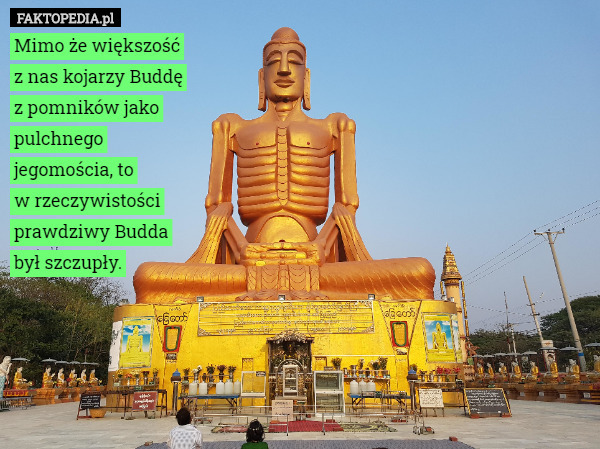Mimo że większość
z nas kojarzy Buddę z pomników jako pulchnego jegomościa, to
w rzeczywistości prawdziwy Budda był szczupły. 
