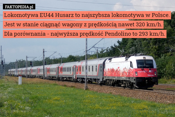 Lokomotywa EU44 Husarz to najszybsza lokomotywa w Polsce. Jest w stanie ciągnąć wagony z prędkością nawet 320 km/h. Dla porównania - najwyższa prędkość Pendolino to 293 km/h. 