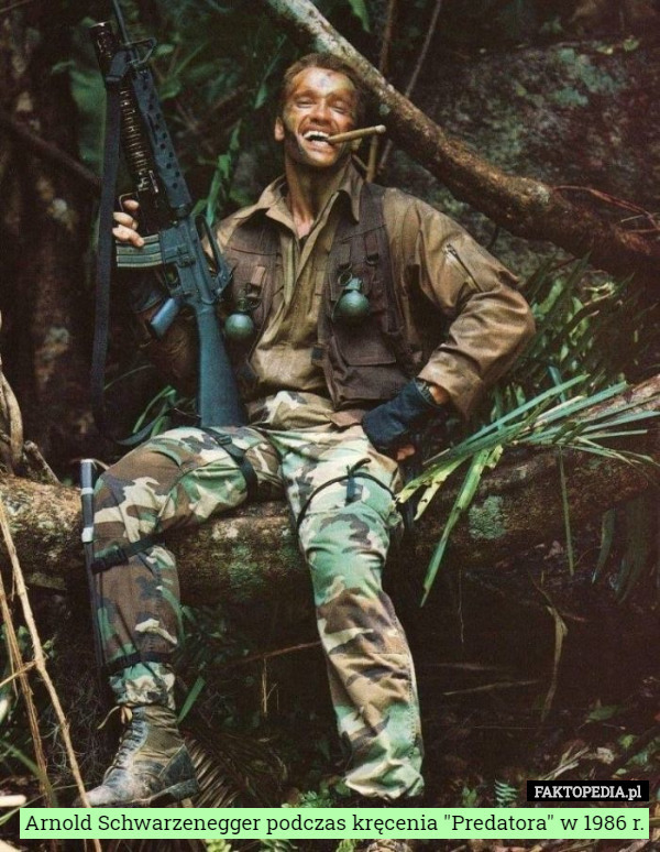 Arnold Schwarzenegger podczas kręcenia "Predatora" w 1986 r. 