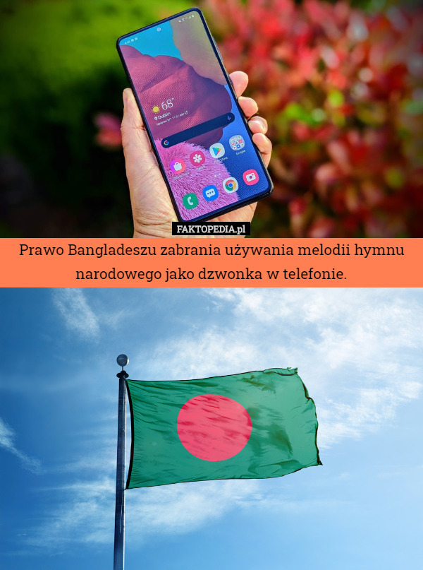 Prawo Bangladeszu zabrania używania melodii hymnu narodowego jako dzwonka w telefonie. 