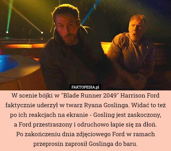 W scenie bójki w "Blade Runner 2049" Harrison Ford faktycznie uderzył w twarz Ryana Goslinga. Widać to też po ich reakcjach na ekranie - Gosling jest zaskoczony,
 a Ford przestraszony i odruchowo łapie się za dłoń.
Po zakończeniu dnia zdjęciowego Ford w ramach przeprosin zaprosił Goslinga do baru. 