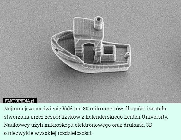 Najmniejsza na świecie łódź ma 30 mikrometrów długości i została stworzona przez zespół fizyków z holenderskiego Leiden University. Naukowcy użyli mikroskopu elektronowego oraz drukarki 3D
 o niezwykle wysokiej rozdzielczości. 