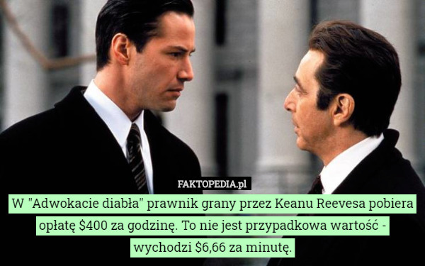 W "Adwokacie diabła" prawnik grany przez Keanu Reevesa pobiera opłatę $400 za godzinę. To nie jest przypadkowa wartość - wychodzi $6,66 za minutę. 