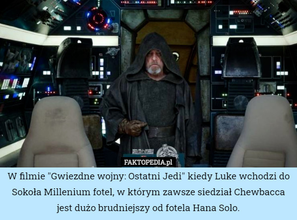 W filmie "Gwiezdne wojny: Ostatni Jedi" kiedy Luke wchodzi do Sokoła Millenium fotel, w którym zawsze siedział Chewbacca jest dużo brudniejszy od fotela Hana Solo. 