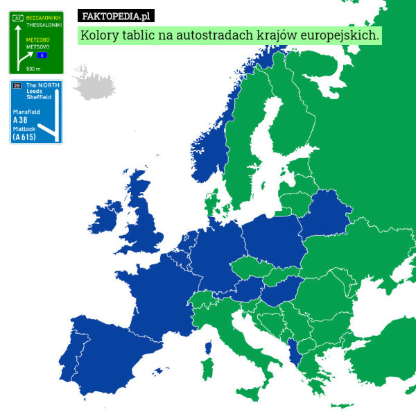 Kolory tablic na autostradach krajów europejskich. 