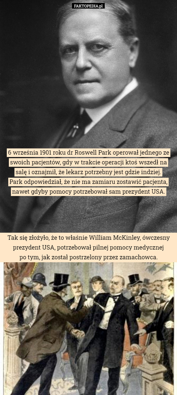 6 września 1901 roku dr Roswell Park operował jednego ze swoich pacjentów, gdy w trakcie operacji ktoś wszedł na salę i oznajmił, że lekarz potrzebny jest gdzie indziej.
 Park odpowiedział, że nie ma zamiaru zostawić pacjenta, nawet gdyby pomocy potrzebował sam prezydent USA. Tak się złożyło, że to właśnie William McKinley, ówczesny prezydent USA, potrzebował pilnej pomocy medycznej
po tym, jak został postrzelony przez zamachowca. 