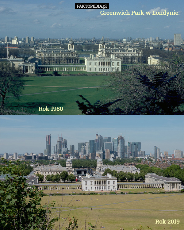 Greenwich Park w Londynie. Rok 1980 Rok 2019 