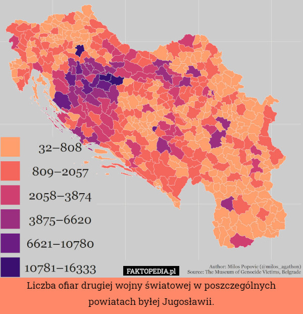 Liczba ofiar drugiej wojny światowej w poszczególnych powiatach byłej Jugosławii. 
