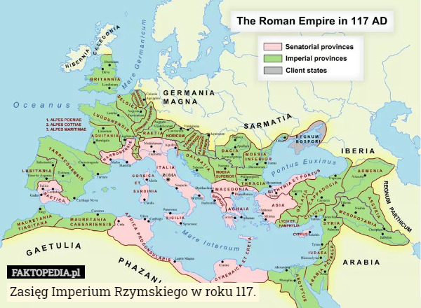 Zasięg Imperium Rzymskiego w roku 117. 
