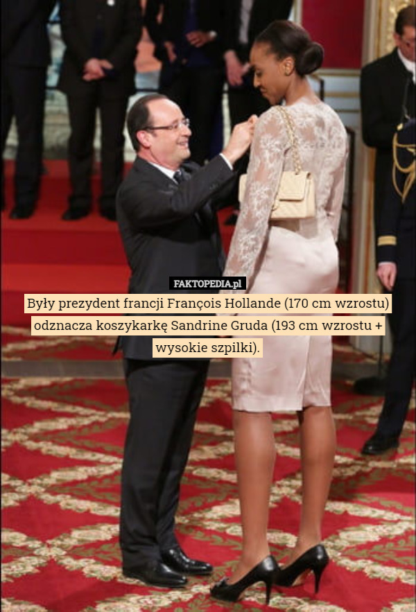 Były prezydent francji François Hollande (170 cm wzrostu) odznacza koszykarkę Sandrine Gruda (193 cm wzrostu + wysokie szpilki). 