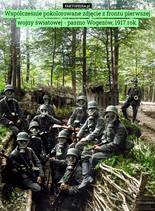 Współcześnie pokolorowane zdjęcie z frontu pierwszej wojny światowej - pasmo Wogezów, 1917 rok. 