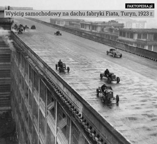 Wyścig samochodowy na dachu fabryki Fiata, Turyn, 1923 r. 