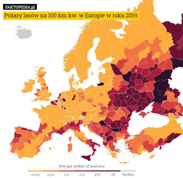 Pożary lasów na 100 km kw. w Europie w roku 2019. 