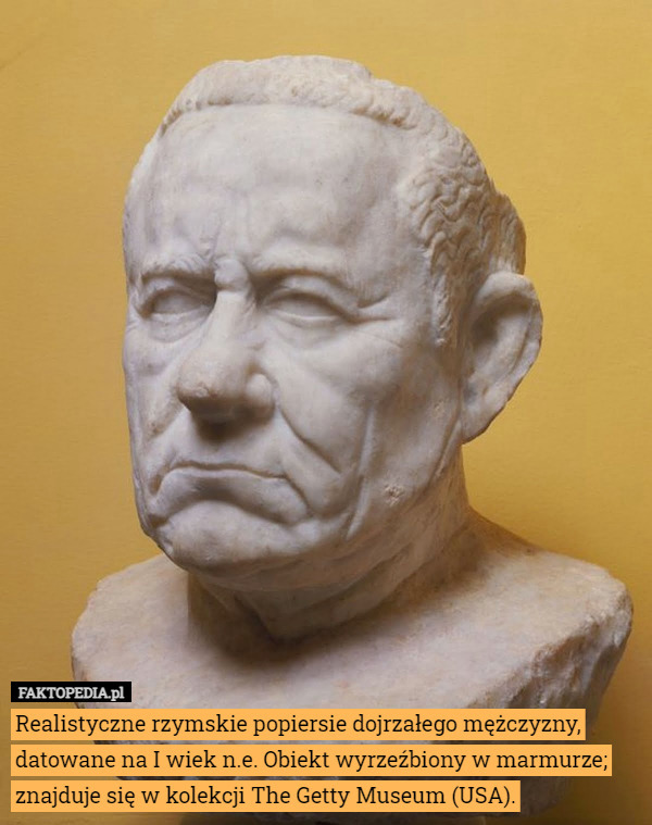 Realistyczne rzymskie popiersie dojrzałego mężczyzny, datowane na I wiek n.e. Obiekt wyrzeźbiony w marmurze; znajduje się w kolekcji The Getty Museum (USA). 