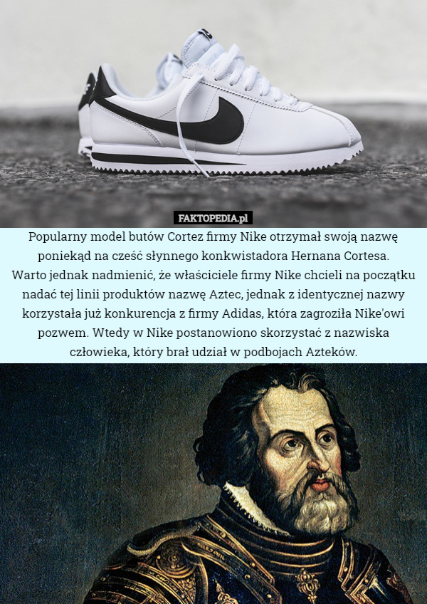 Popularny model butów Cortez firmy Nike otrzymał swoją nazwę poniekąd na cześć słynnego konkwistadora Hernana Cortesa.
 Warto jednak nadmienić, że właściciele firmy Nike chcieli na początku nadać tej linii produktów nazwę Aztec, jednak z identycznej nazwy korzystała już konkurencja z firmy Adidas, która zagroziła Nike'owi pozwem. Wtedy w Nike postanowiono skorzystać z nazwiska człowieka, który brał udział w podbojach Azteków. 
