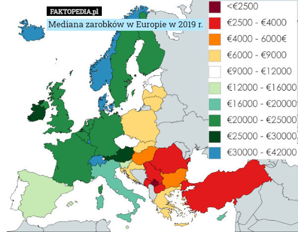 Mediana zarobków w Europie w 2019 r. 