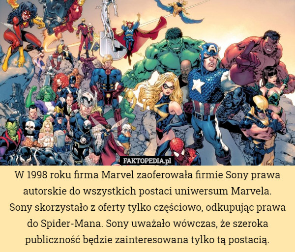 W 1998 roku firma Marvel zaoferowała firmie Sony prawa autorskie do wszystkich postaci uniwersum Marvela.
 Sony skorzystało z oferty tylko częściowo, odkupując prawa do Spider-Mana. Sony uważało wówczas, że szeroka publiczność będzie zainteresowana tylko tą postacią. 