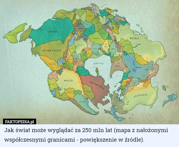 Jak świat może wyglądać za 250 mln lat (mapa z nałożonymi współczesnymi granicami - powiększenie w źródle). 