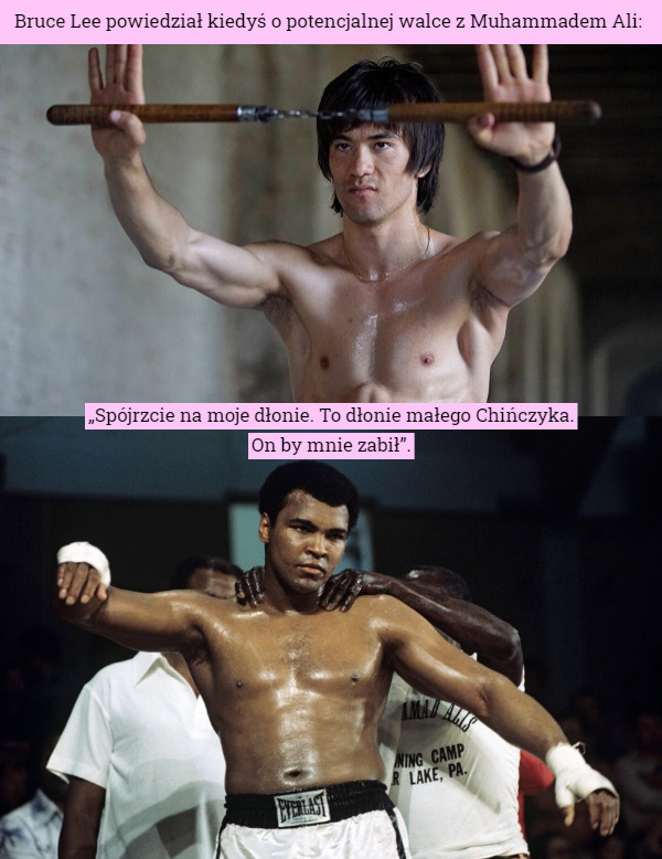 Bruce Lee powiedział kiedyś o potencjalnej walce z Muhammadem Ali: „Spójrzcie na moje dłonie. To dłonie małego Chińczyka.
On by mnie zabił”. 