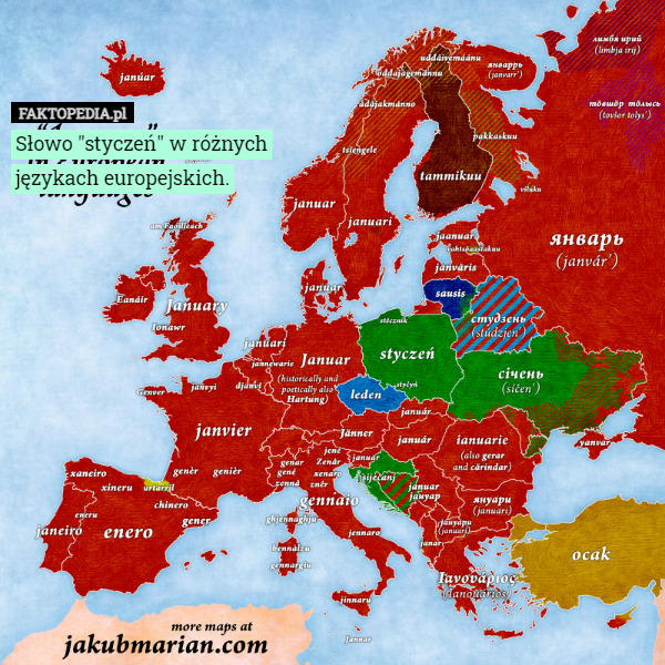 Słowo "styczeń" w różnych językach europejskich. 
