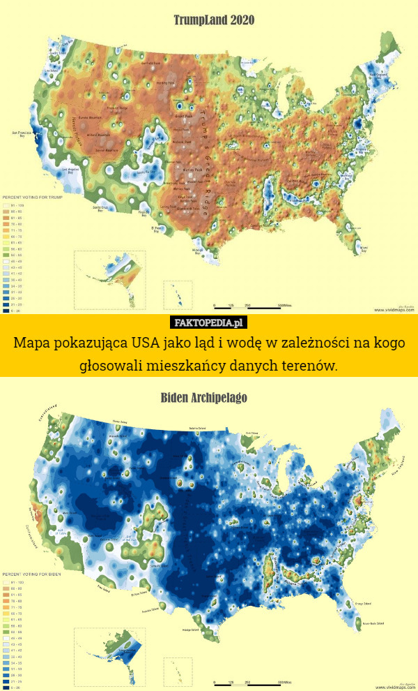 Mapa pokazująca USA jako ląd i wodę w zależności na kogo głosowali mieszkańcy danych terenów. 