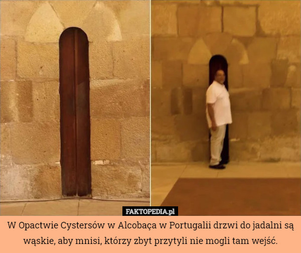 W Opactwie Cystersów w Alcobaça w Portugalii drzwi do jadalni są wąskie, aby mnisi, którzy zbyt przytyli nie mogli tam wejść. 