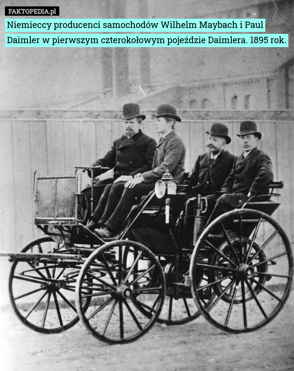 Niemieccy producenci samochodów Wilhelm Maybach i Paul Daimler w pierwszym czterokołowym pojeździe Daimlera. 1895 rok. 