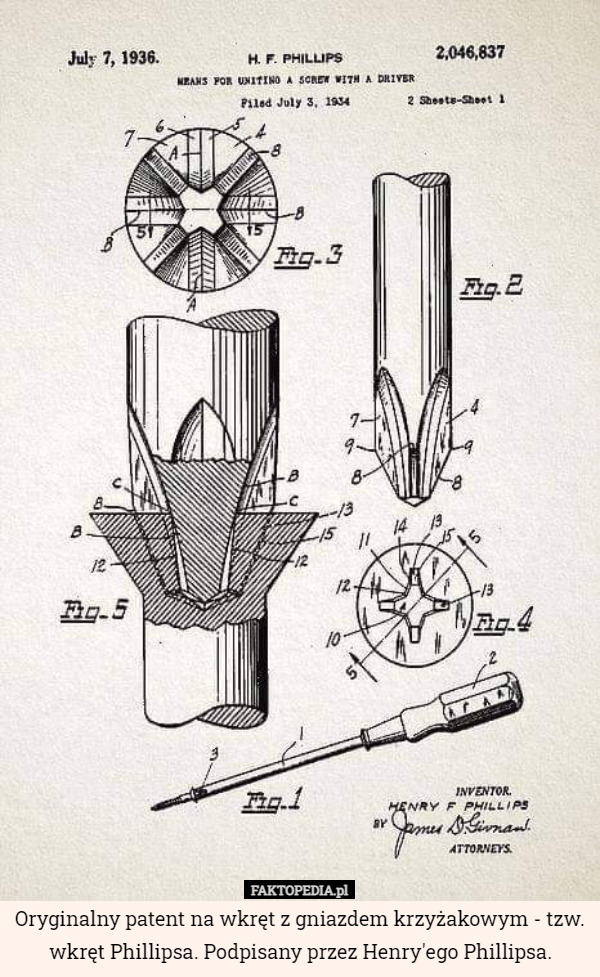 Oryginalny patent na wkręt z gniazdem krzyżakowym - tzw. wkręt Phillipsa. Podpisany przez Henry'ego Phillipsa. 