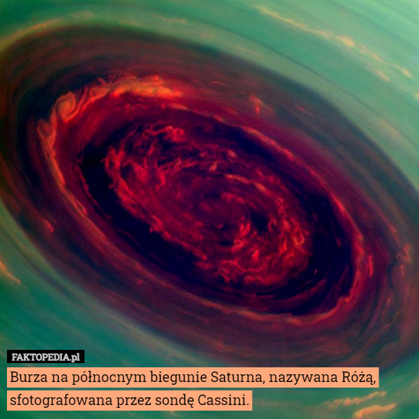 Burza na północnym biegunie Saturna, nazywana Różą, sfotografowana przez sondę Cassini. 