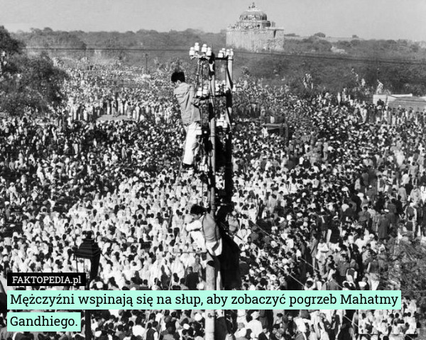 Mężczyźni wspinają się na słup, aby zobaczyć pogrzeb Mahatmy Gandhiego. 