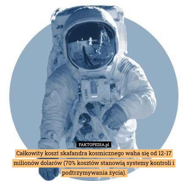 Całkowity koszt skafandra kosmicznego waha się od 12-17 milionów dolarów (70% kosztów stanowią systemy kontroli i podtrzymywania życia). 
