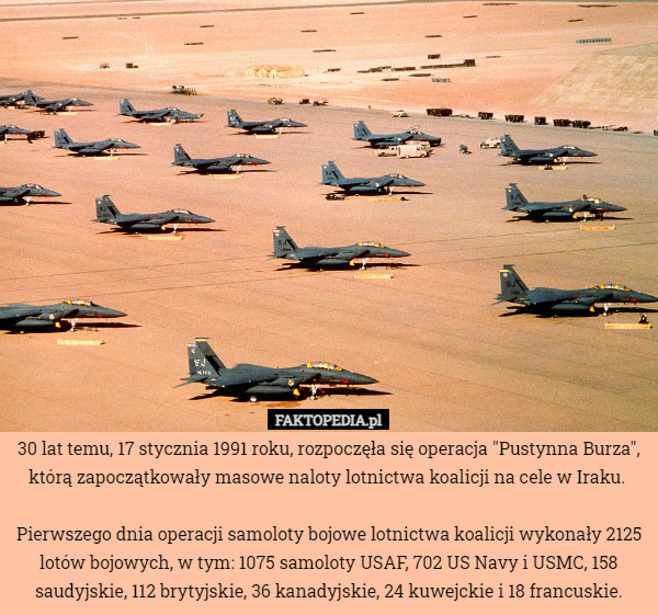30 lat temu, 17 stycznia 1991 roku, rozpoczęła się operacja "Pustynna Burza", którą zapoczątkowały masowe naloty lotnictwa koalicji na cele w Iraku. 

Pierwszego dnia operacji samoloty bojowe lotnictwa koalicji wykonały 2125 lotów bojowych, w tym: 1075 samoloty USAF, 702 US Navy i USMC, 158 saudyjskie, 112 brytyjskie, 36 kanadyjskie, 24 kuwejckie i 18 francuskie. 