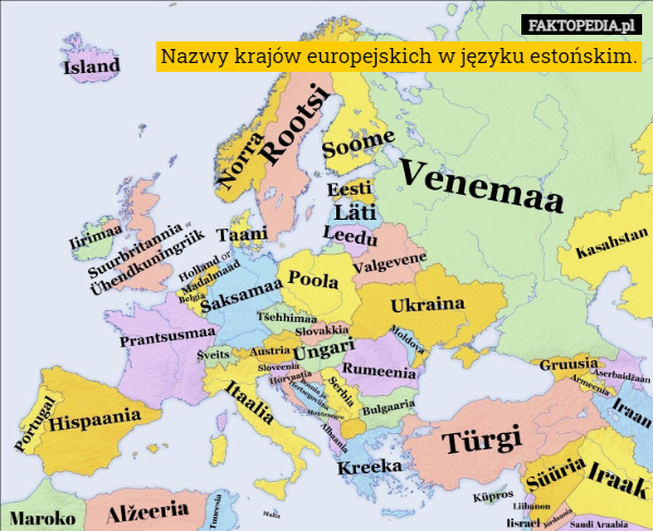 Nazwy krajów europejskich w języku estońskim. 