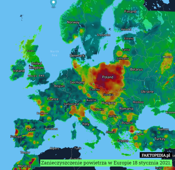 Zanieczyszczenie powietrza w Europie 18 stycznia 2021. 
