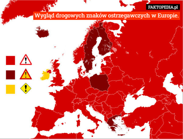 Wygląd drogowych znaków ostrzegawczych w Europie. 